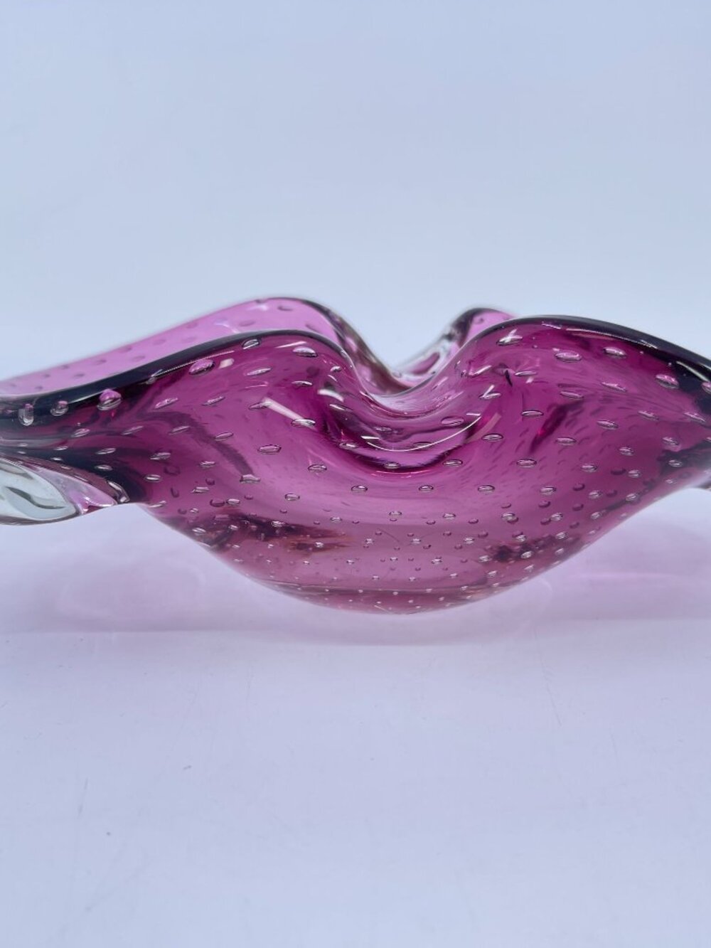 vintage murano style hand blown pink glass ashtray with controlled bubbles